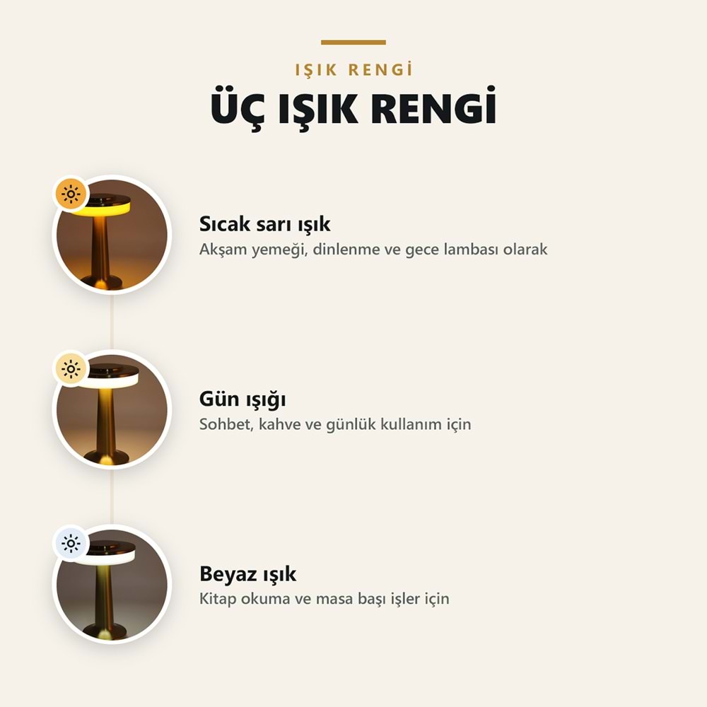 Greentech Şarjlı Dokunmatik Metal Mantar Masa Lambası, 3 Işık Rengi, Kablosuz, Type-C Şarjlı, Altın / GT-CL19