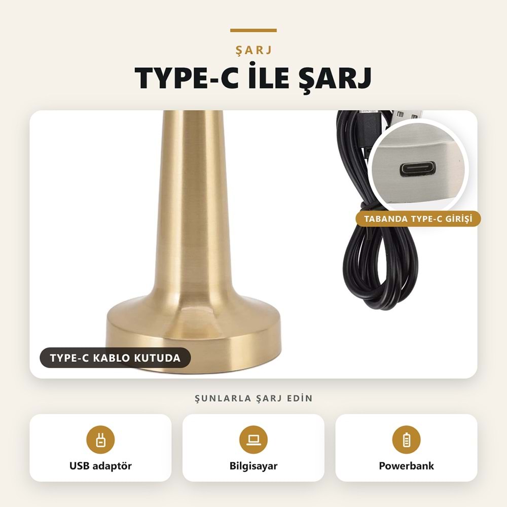 Greentech Şarjlı Dokunmatik Metal Mantar Masa Lambası, 3 Işık Rengi, Kablosuz, Type-C Şarjlı, Altın / GT-CL19