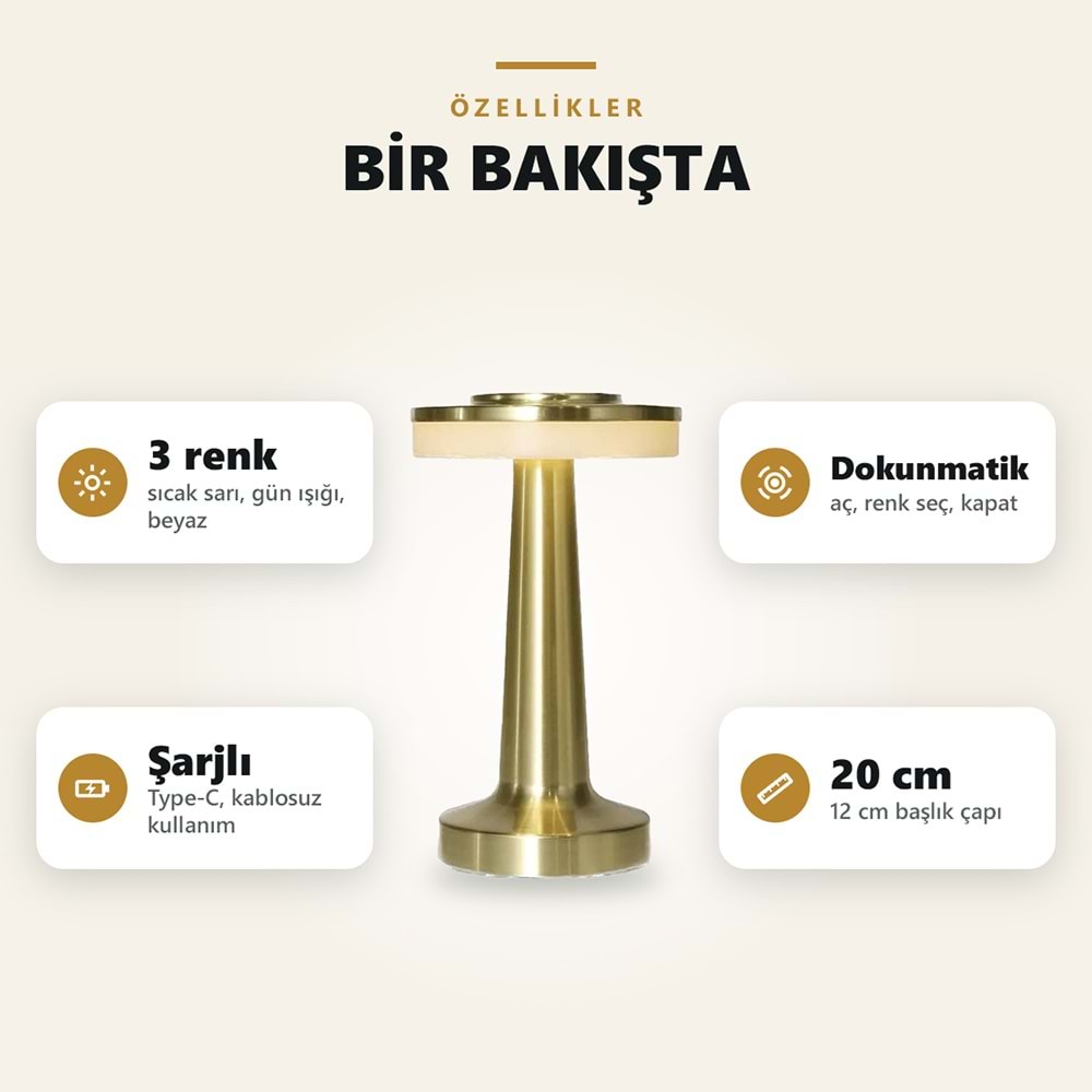 Greentech Şarjlı Dokunmatik Metal Mantar Masa Lambası, 3 Işık Rengi, Kablosuz, Type-C Şarjlı, Altın / GT-CL19