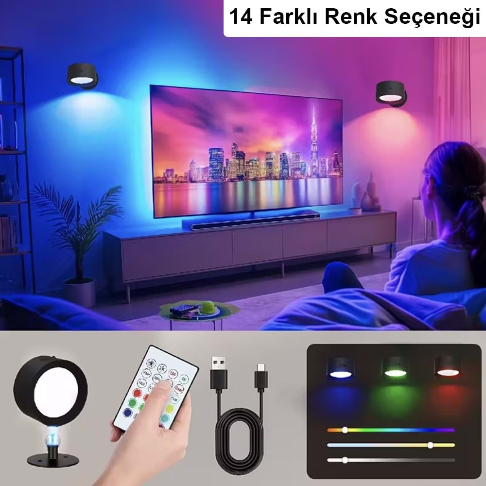 Greentech 14 Renk Dokunmatik 360° Dönebilen Magnetli Şarjlı Led Aplik - 2 Adet / GT-CL21