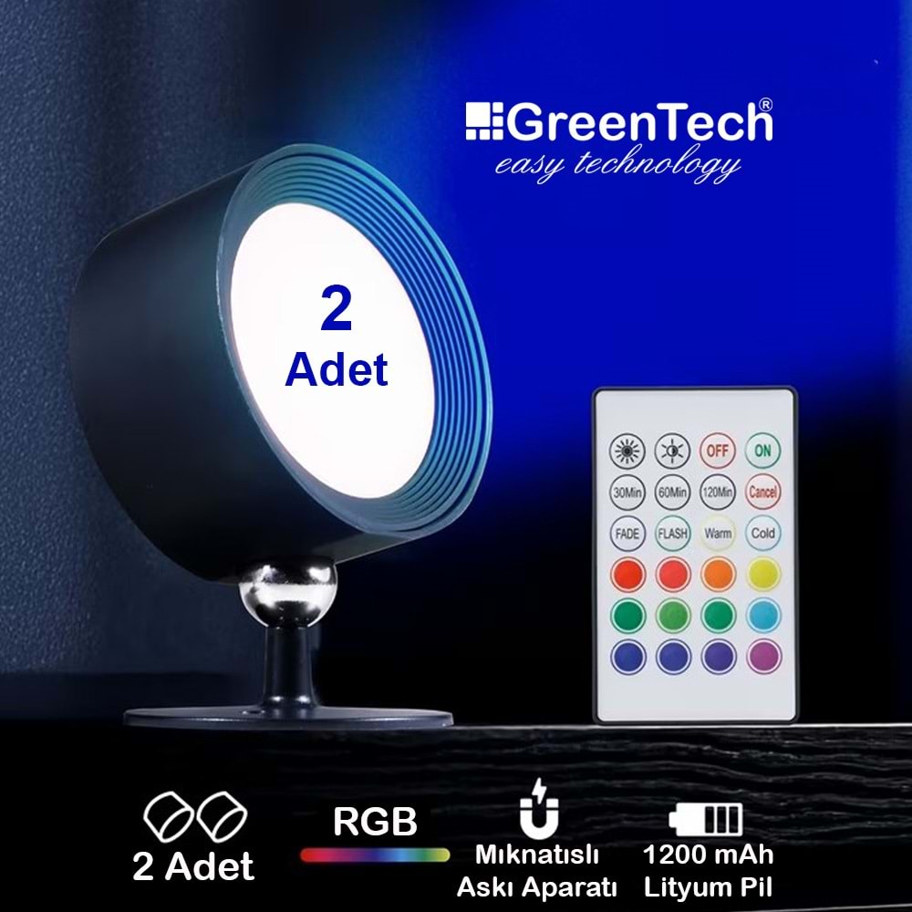 Greentech 14 Renk Dokunmatik 360° Dönebilen Magnetli Şarjlı Led Aplik - 2 Adet / GT-CL21