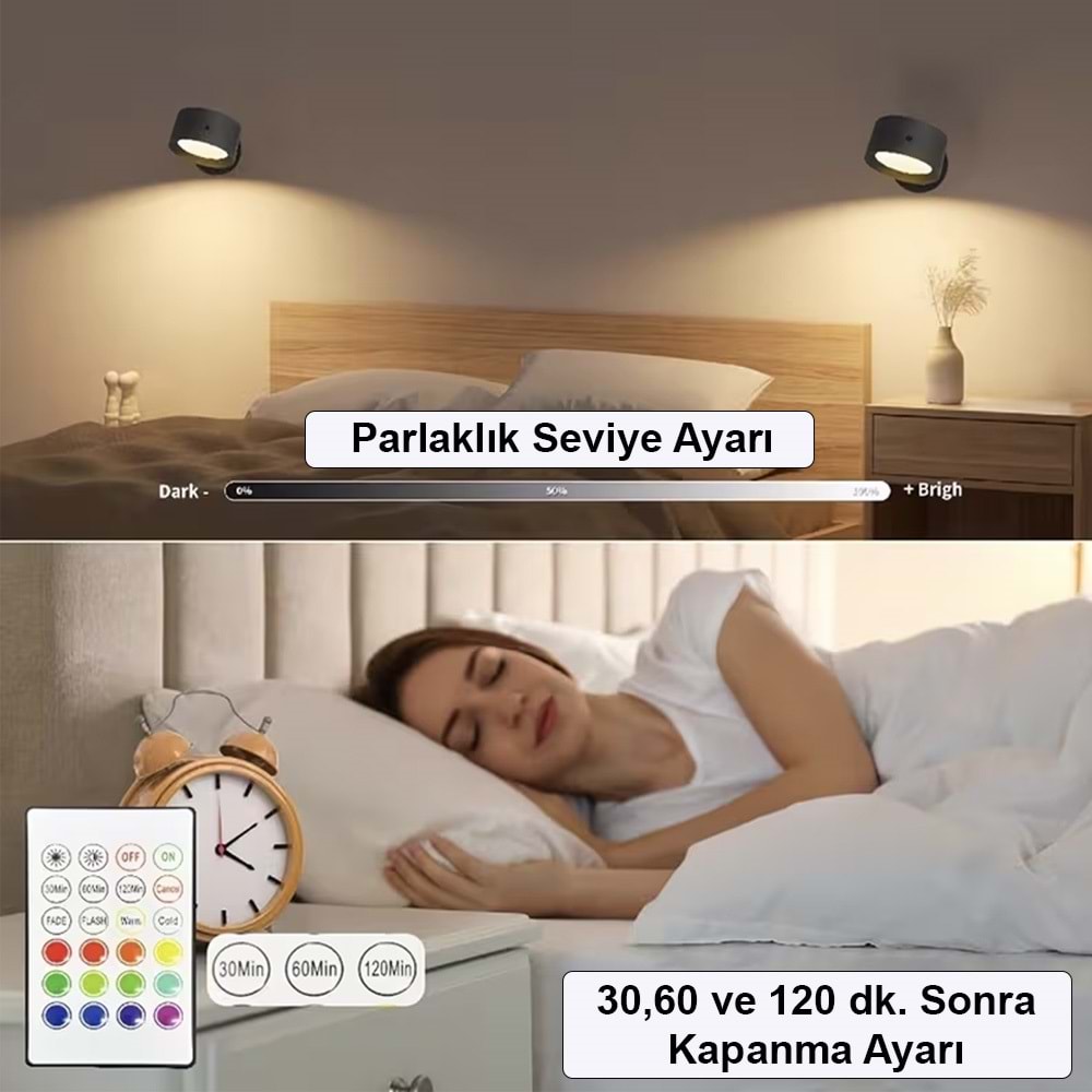 Greentech 14 Renk Dokunmatik 360° Dönebilen Magnetli Şarjlı Led Aplik - 2 Adet / GT-CL21