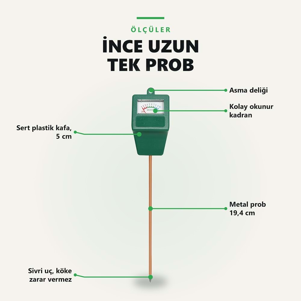 Greentech Toprak Nem Ölçer, Pilsiz Analog Bitki ve Saksı Nem Ölçüm Cihazı, 19,4 cm Metal Prob / GT-MM01