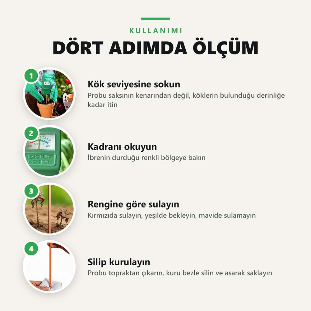 Greentech Toprak Nem Ölçer, Pilsiz Analog Bitki ve Saksı Nem Ölçüm Cihazı, 19,4 cm Metal Prob / GT-MM01