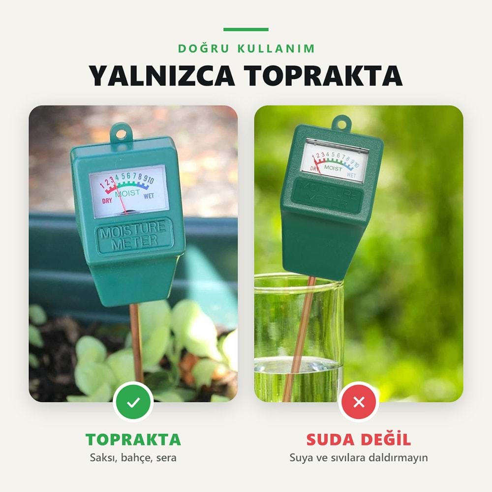 Greentech Toprak Nem Ölçer, Pilsiz Analog Bitki ve Saksı Nem Ölçüm Cihazı, 19,4 cm Metal Prob / GT-MM01