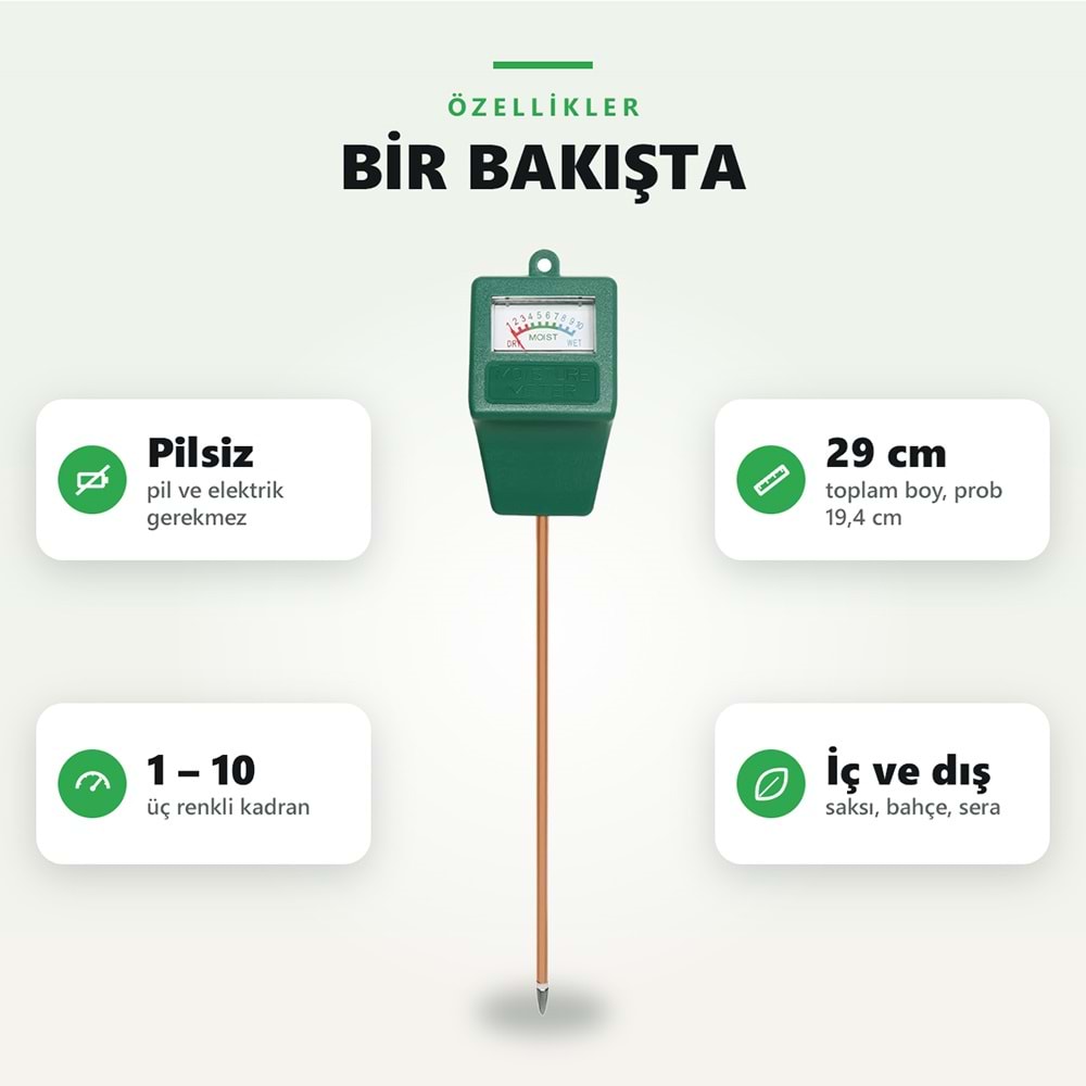 Greentech Toprak Nem Ölçer, Pilsiz Analog Bitki ve Saksı Nem Ölçüm Cihazı, 19,4 cm Metal Prob / GT-MM01
