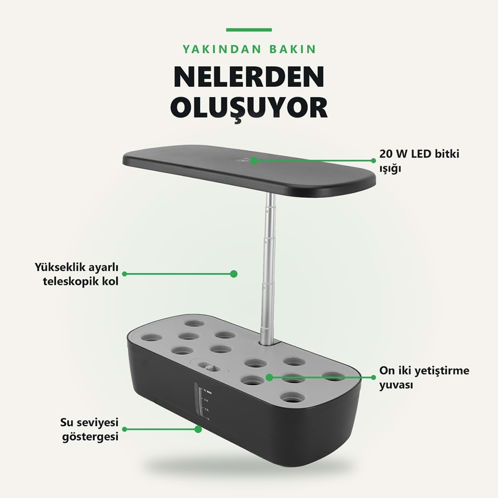 Greentech Hidroponik Topraksız Yetiştirme Seti, 12 Yuvalı, 20 W LED Işıklı, Otomatik Pompalı / GT-PG11S