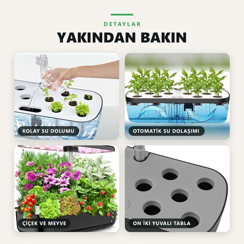 Greentech Hidroponik Topraksız Yetiştirme Seti, 12 Yuvalı, 20 W LED Işıklı, Otomatik Pompalı / GT-PG11S