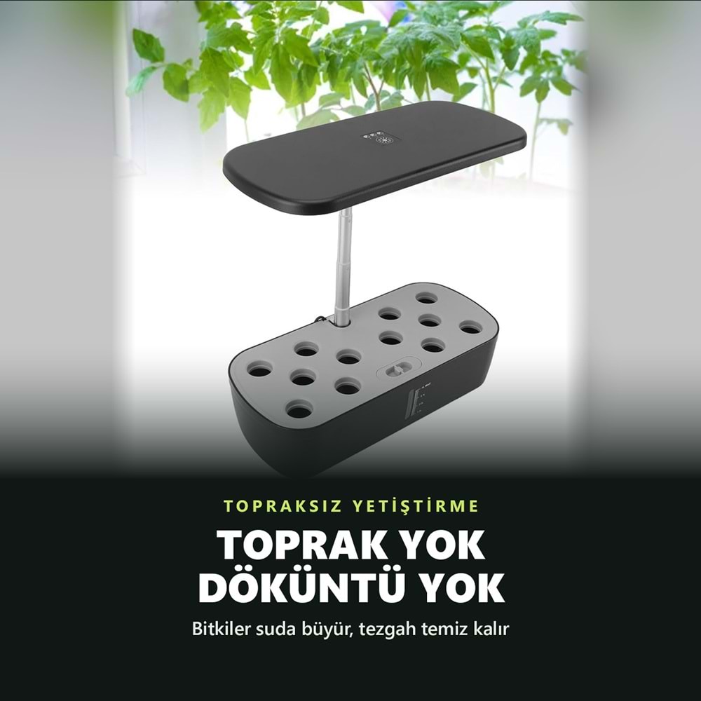 Greentech Hidroponik Topraksız Yetiştirme Seti, 12 Yuvalı, 20 W LED Işıklı, Otomatik Pompalı / GT-PG11S