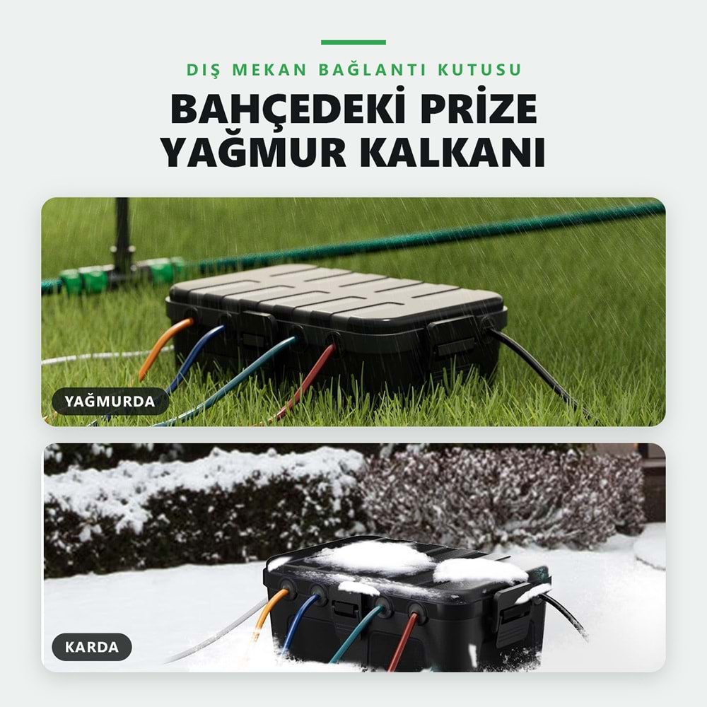 Greentech Dış Mekan Su Geçirmez Priz ve Kablo Bağlantı Kutusu, IP54, 6 Girişli, 32x22x13 cm, Siyah / GT-PK11