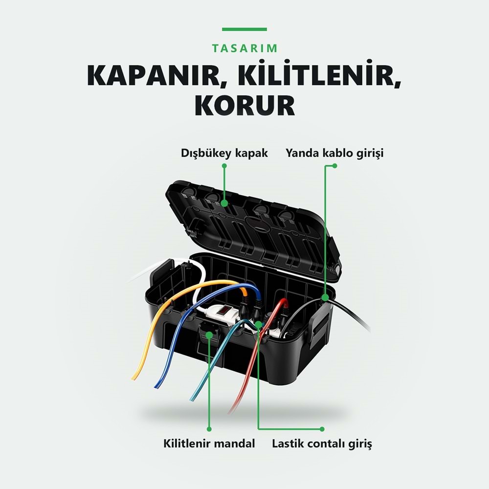 Greentech Dış Mekan Su Geçirmez Priz ve Kablo Bağlantı Kutusu, IP54, 6 Girişli, 32x22x13 cm, Siyah / GT-PK11