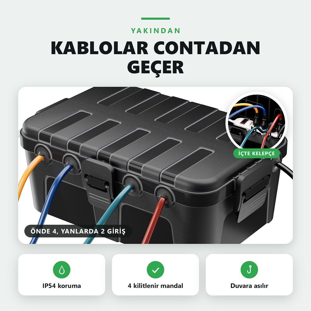 Greentech Dış Mekan Su Geçirmez Priz ve Kablo Bağlantı Kutusu, IP54, 6 Girişli, 32x22x13 cm, Siyah / GT-PK11