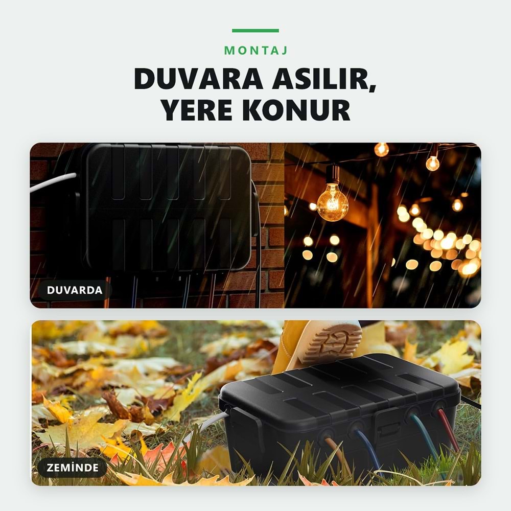 Greentech Dış Mekan Su Geçirmez Priz ve Kablo Bağlantı Kutusu, IP54, 6 Girişli, 32x22x13 cm, Siyah / GT-PK11