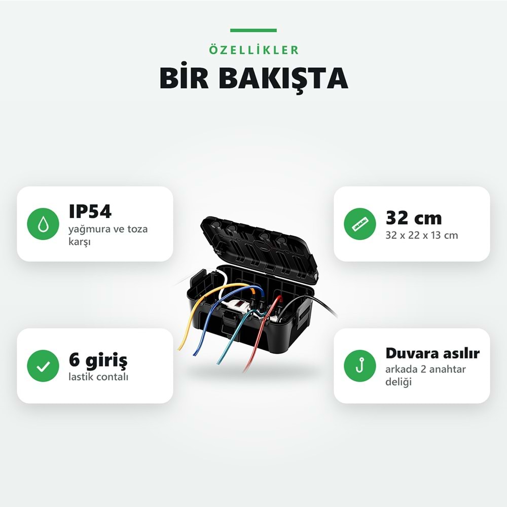 Greentech Dış Mekan Su Geçirmez Priz ve Kablo Bağlantı Kutusu, IP54, 6 Girişli, 32x22x13 cm, Siyah / GT-PK11