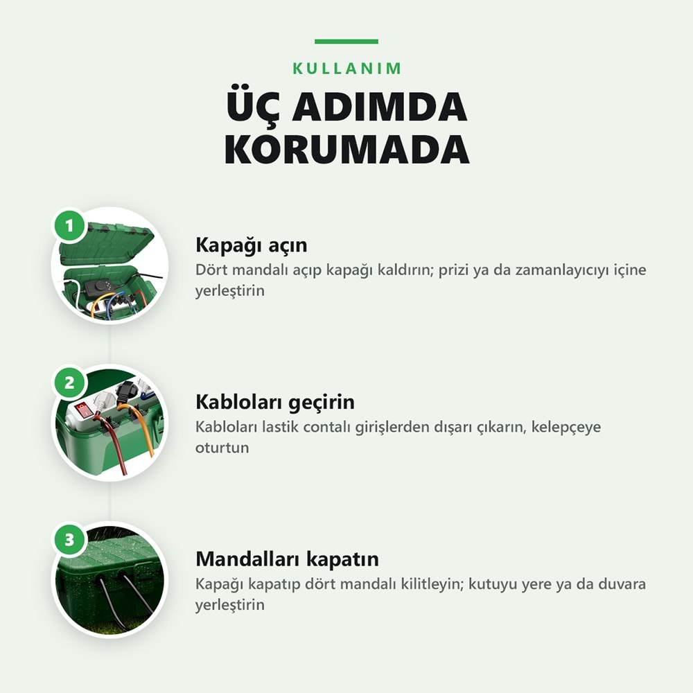Greentech Dış Mekan Su Geçirmez Priz ve Kablo Bağlantı Kutusu, IP54, 6 Girişli, 32x22x13 cm, Yeşil / GT-PK12