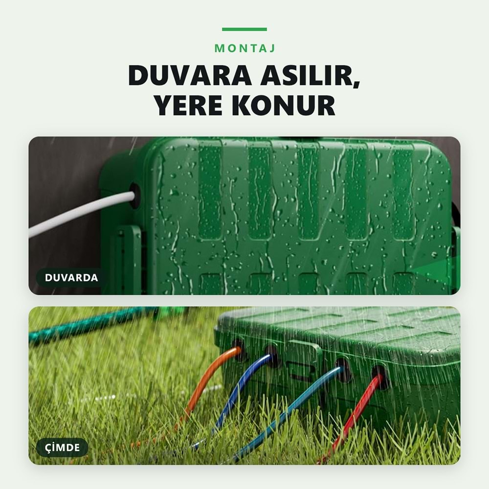Greentech Dış Mekan Su Geçirmez Priz ve Kablo Bağlantı Kutusu, IP54, 6 Girişli, 32x22x13 cm, Yeşil / GT-PK12