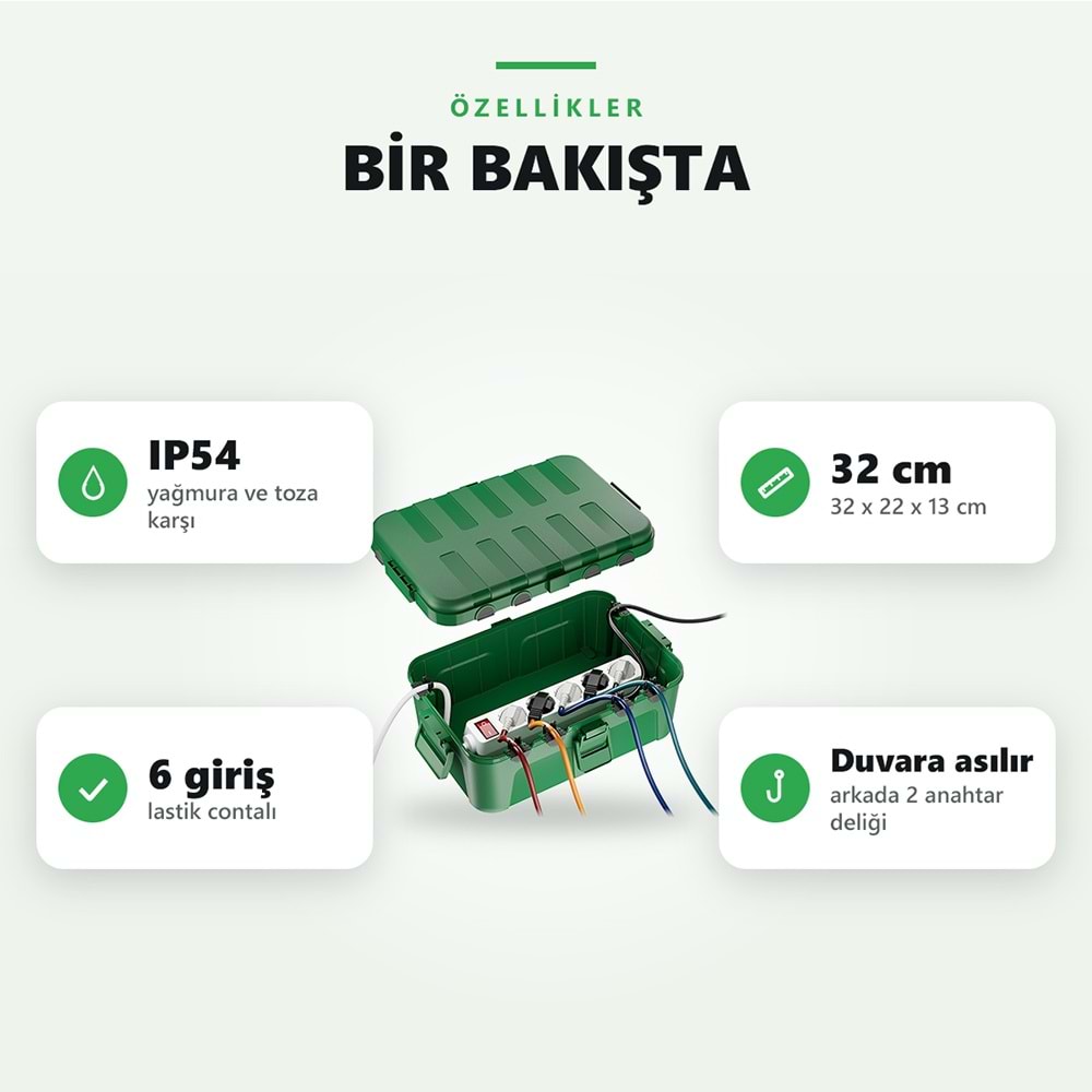 Greentech Dış Mekan Su Geçirmez Priz ve Kablo Bağlantı Kutusu, IP54, 6 Girişli, 32x22x13 cm, Yeşil / GT-PK12