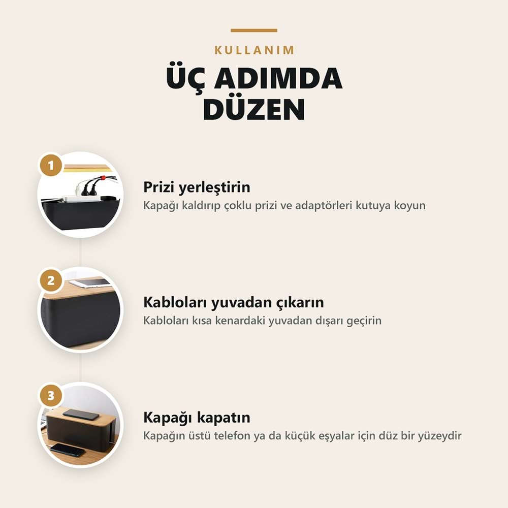 Greentech Bambu Kapaklı Kablo Düzenleyici ve Priz Saklama Kutusu, Siyah, Küçük Boy / GT-PK13