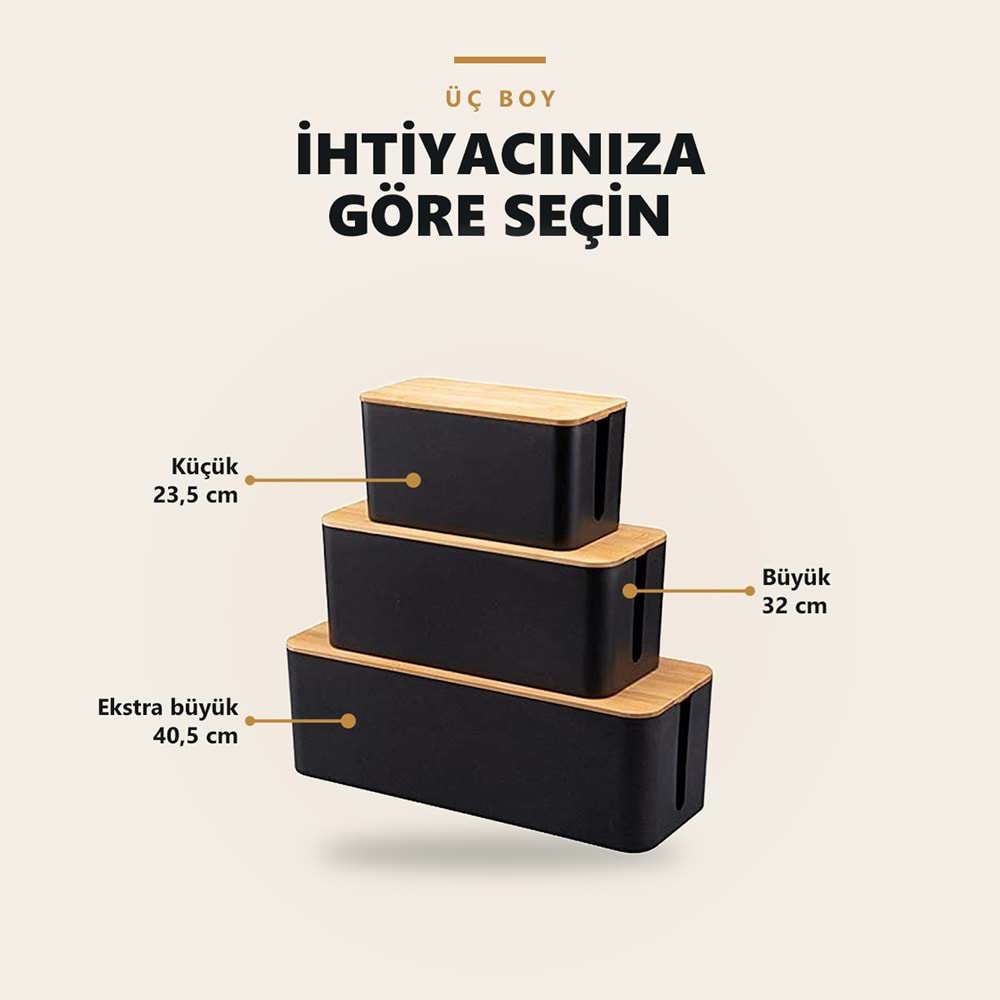 Greentech Bambu Kapaklı Kablo Düzenleyici ve Priz Saklama Kutusu, Siyah, Büyük Boy / GT-PK14
