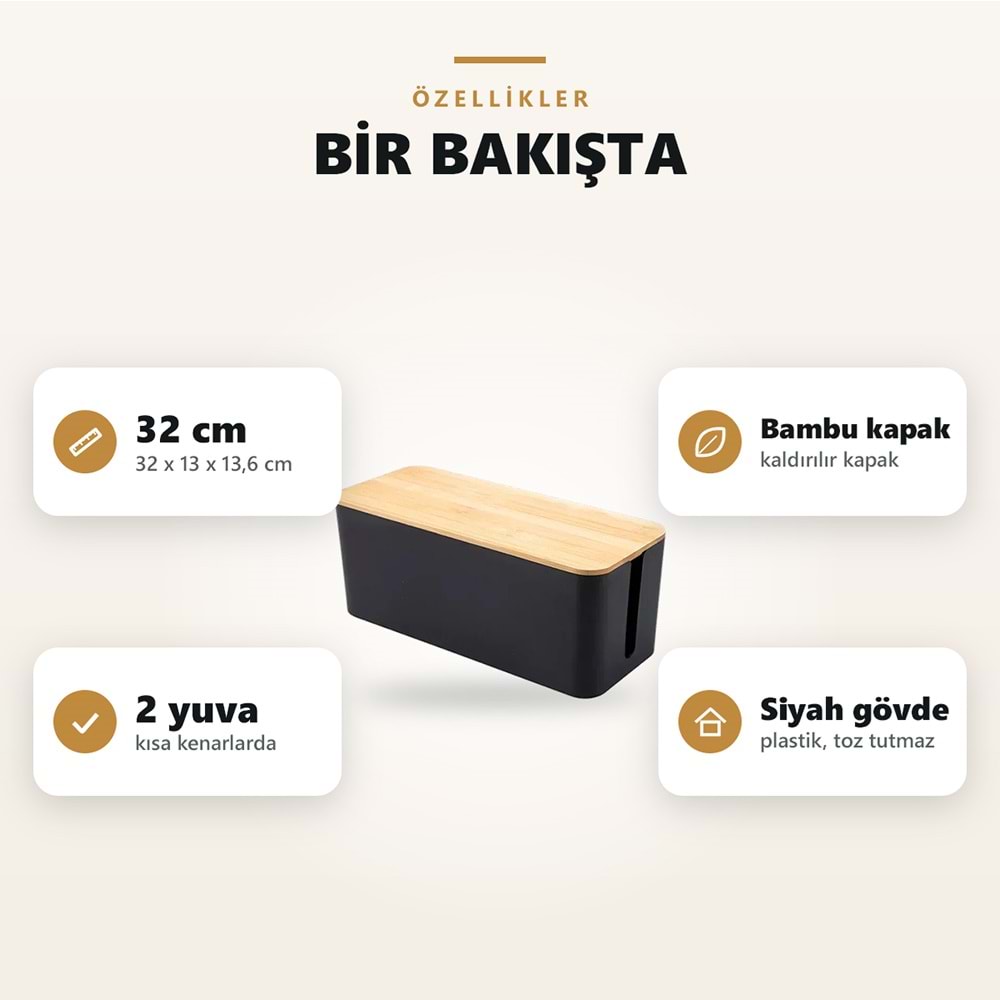 Greentech Bambu Kapaklı Kablo Düzenleyici ve Priz Saklama Kutusu, Siyah, Büyük Boy / GT-PK14