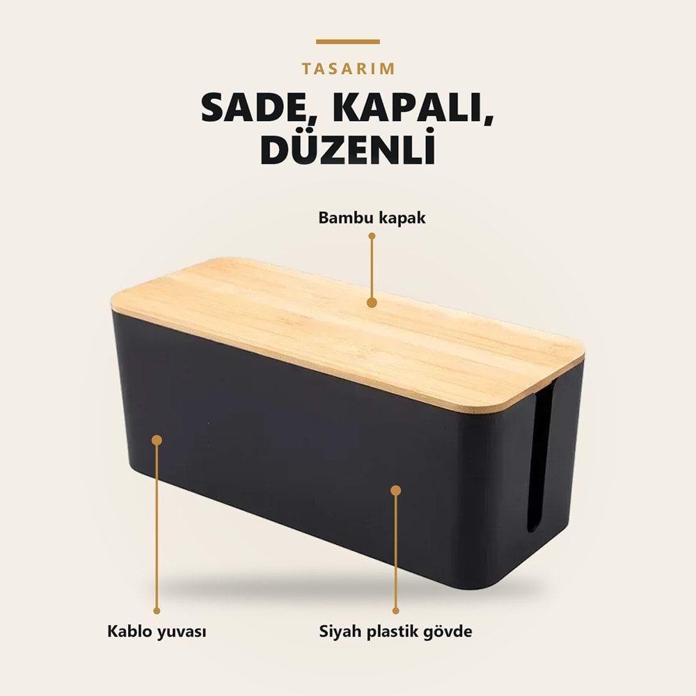 Greentech Bambu Kapaklı Kablo Düzenleyici ve Priz Saklama Kutusu, Siyah, Ekstra Büyük Boy / GT-PK15