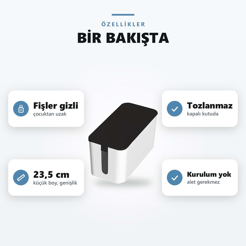 Greentech Kapaklı Kablo Düzenleyici ve Priz Saklama Kutusu, Siyah - Beyaz, Küçük Boy / GT-PK16