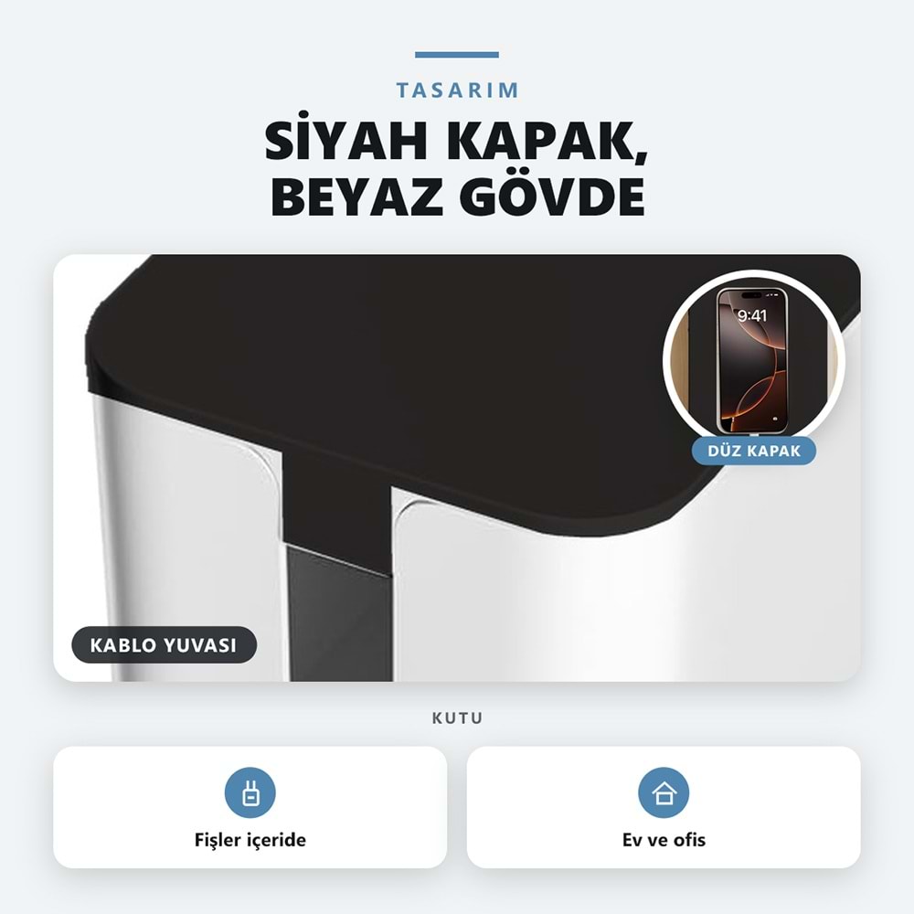 Greentech Kapaklı Kablo Düzenleyici ve Priz Saklama Kutusu, Siyah - Beyaz, Küçük Boy / GT-PK16