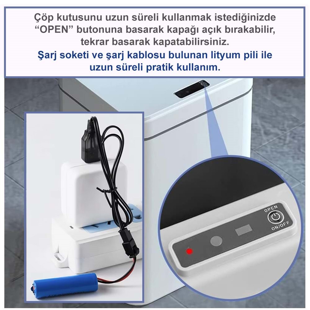 Greentech Sensörlü 16 Litre Çöp Kovası (Şarj Edilebilir Lityum Pilli) / GT-SC03