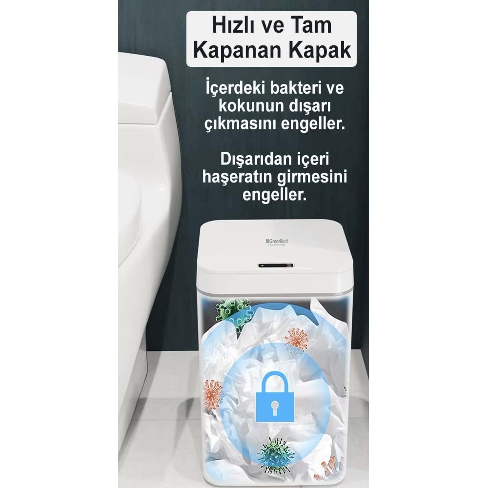 Greentech Sensörlü 16 Litre Çöp Kovası (Şarj Edilebilir Lityum Pilli) / GT-SC03