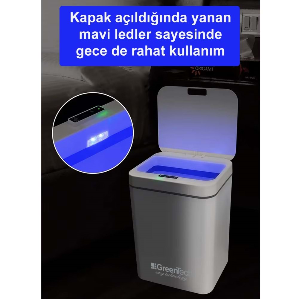Greentech Sensörlü 16 Litre Çöp Kovası (Şarj Edilebilir Lityum Pilli) / GT-SC03
