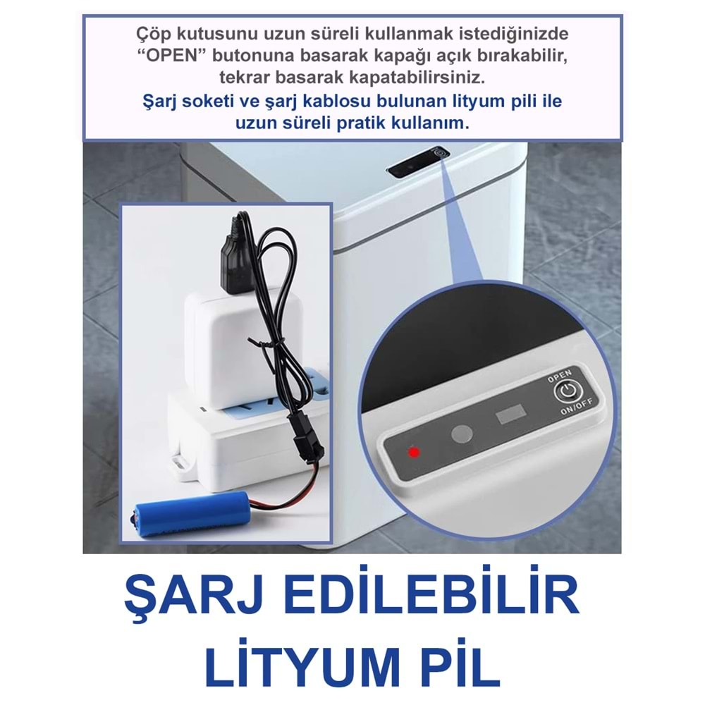Greentech Sensörlü 16 Litre Çöp Kovası (Şarj Edilebilir Lityum Pilli) / GT-SC03 TEŞHİR BEYAZ