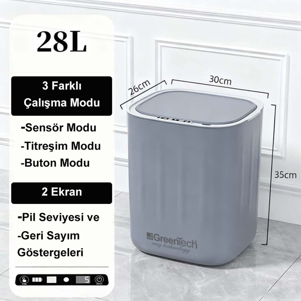 Greentech Sensörlü 28 Litre Çöp Kovası (Şarj Edilebilir Lityum Pilli) / GT-SC07 GRİ
