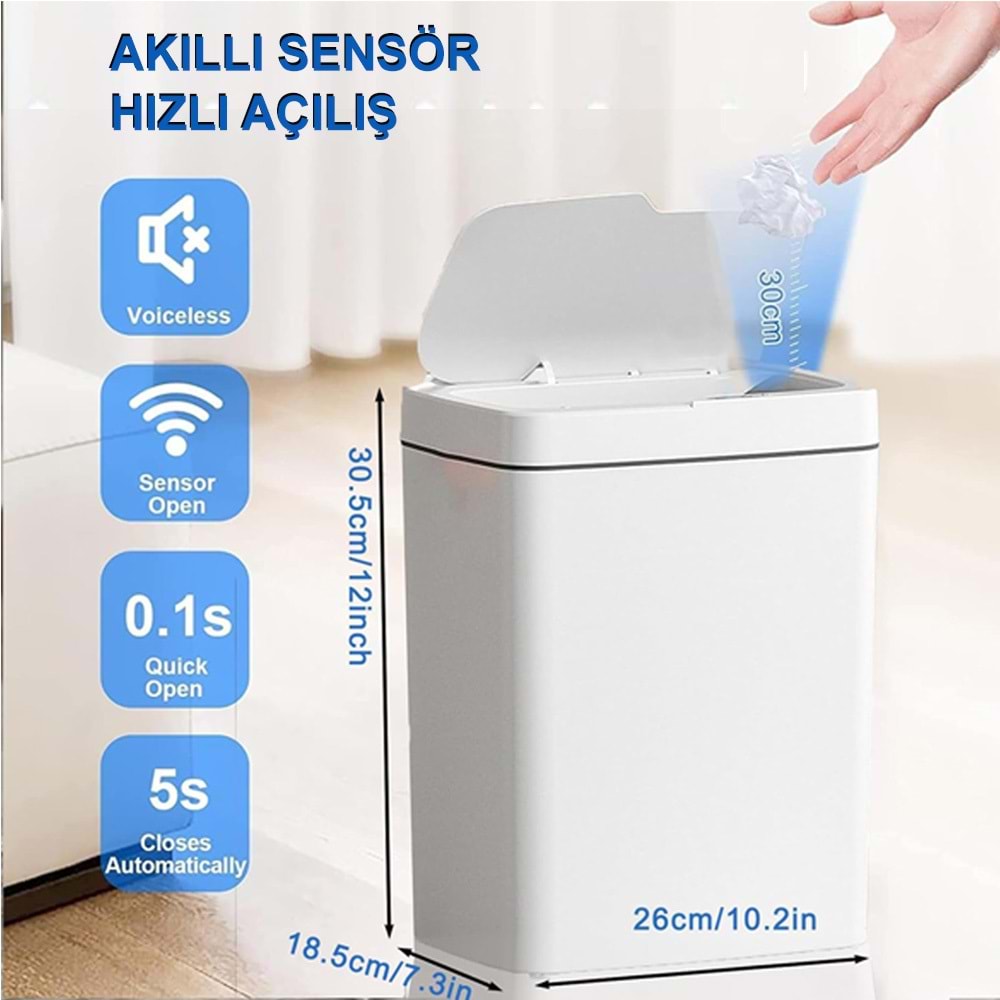 Greentech Sensörlü 18 Litre Çöp Kovası (Şarj Edilebilir Lityum Pilli) / GT-SC15