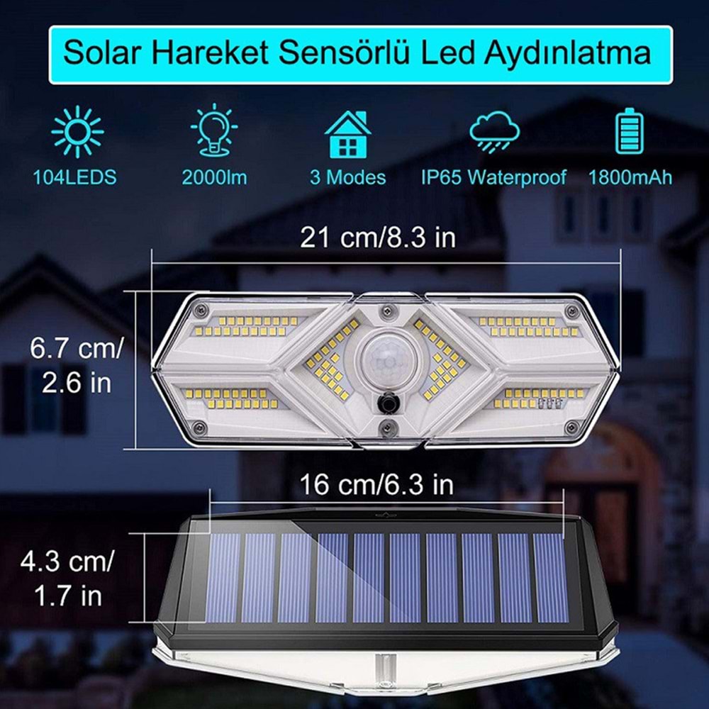 Greentech Güneş Enerjili Hareket Sensörlü, 6 Taraflı 104 Led Aydınlatma / GT-SL13