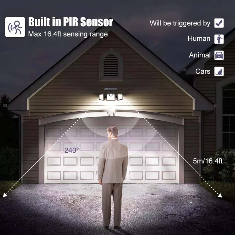 Greentech Güneş Enerjili Hareket Sensörlü, 3 Taraflı 171 Cob Led Aydınlatma / GT-SL15