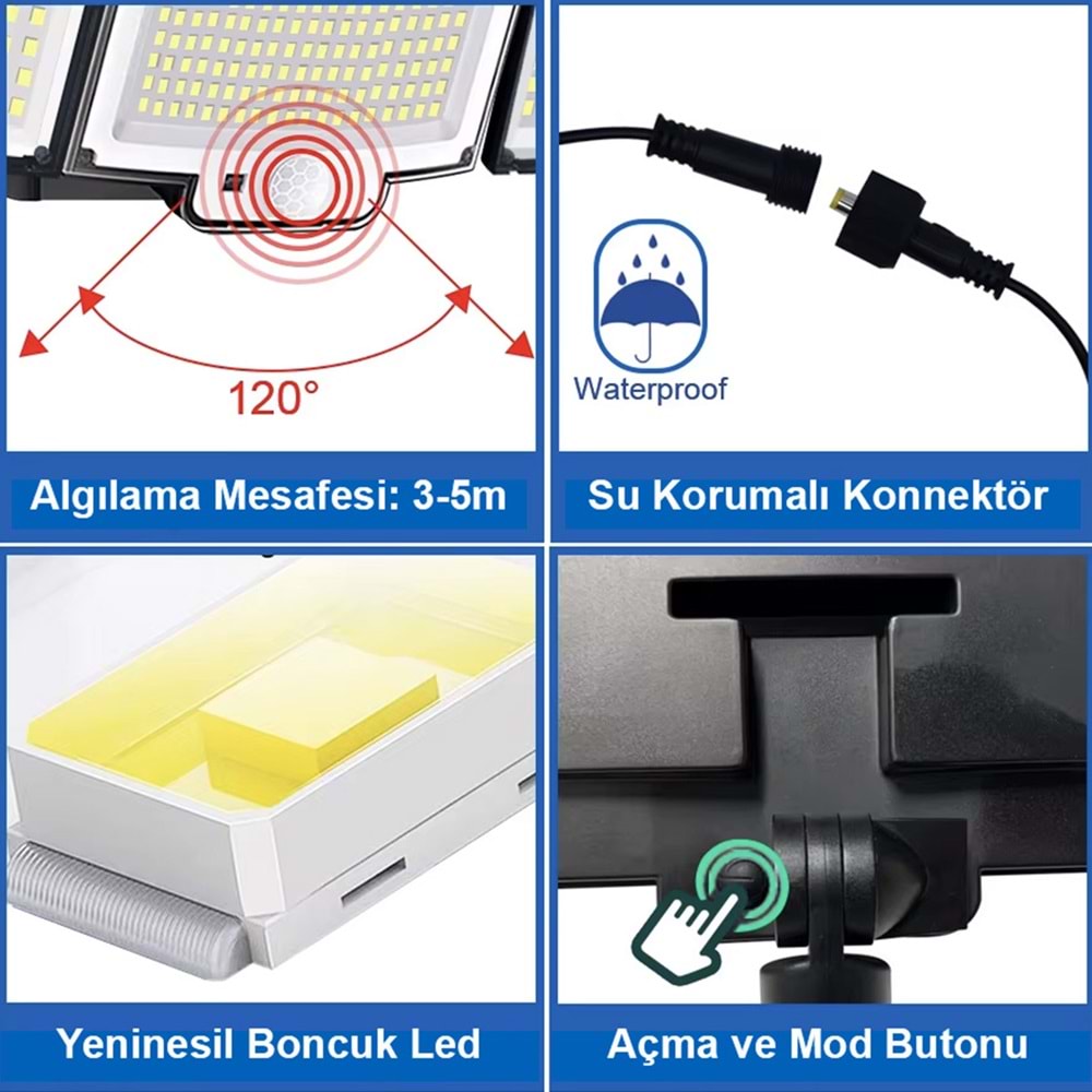 Greentech 348 Ledli, Güneş Enerjili, Hareket Sensörlü, 3 Taraflı Aydınlatma / GT-SL30