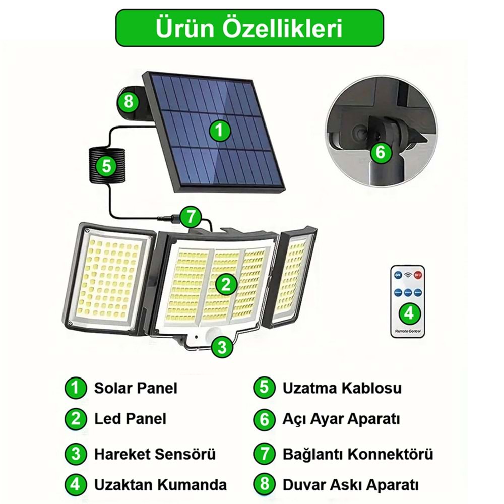 Greentech 348 Ledli, Güneş Enerjili, Hareket Sensörlü, 3 Taraflı Aydınlatma / GT-SL30