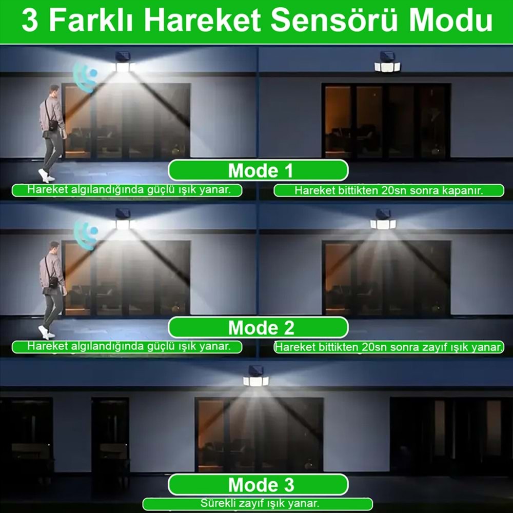 Greentech 348 Ledli, Güneş Enerjili, Hareket Sensörlü, 3 Taraflı Aydınlatma / GT-SL30