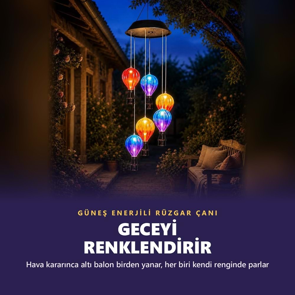 Greentech Güneş Enerjili Sıcak Hava Balonu Rüzgar Çanı, 6 Balonlu, LED Işıklı Asma Bahçe Süsü / GT-SL42