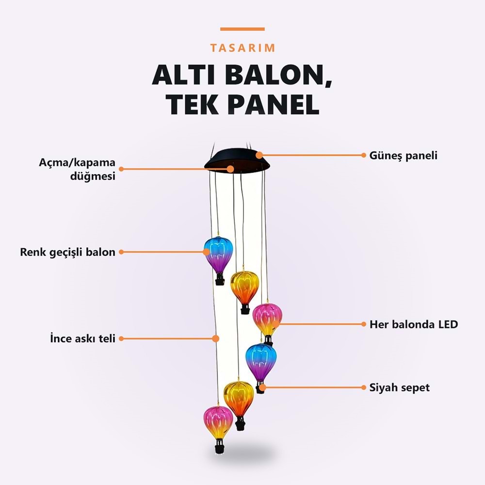 Greentech Güneş Enerjili Sıcak Hava Balonu Rüzgar Çanı, 6 Balonlu, LED Işıklı Asma Bahçe Süsü / GT-SL42