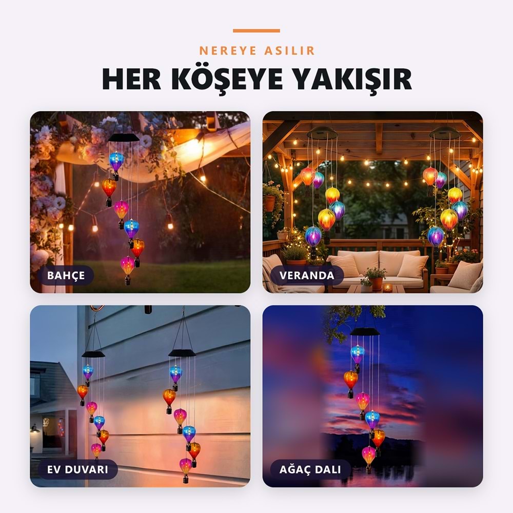 Greentech Güneş Enerjili Sıcak Hava Balonu Rüzgar Çanı, 6 Balonlu, LED Işıklı Asma Bahçe Süsü / GT-SL42