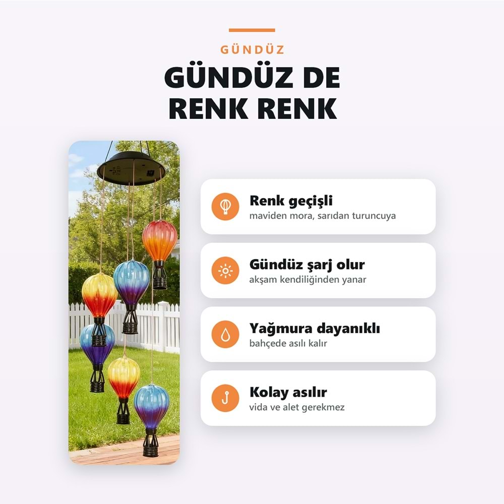 Greentech Güneş Enerjili Sıcak Hava Balonu Rüzgar Çanı, 6 Balonlu, LED Işıklı Asma Bahçe Süsü / GT-SL42
