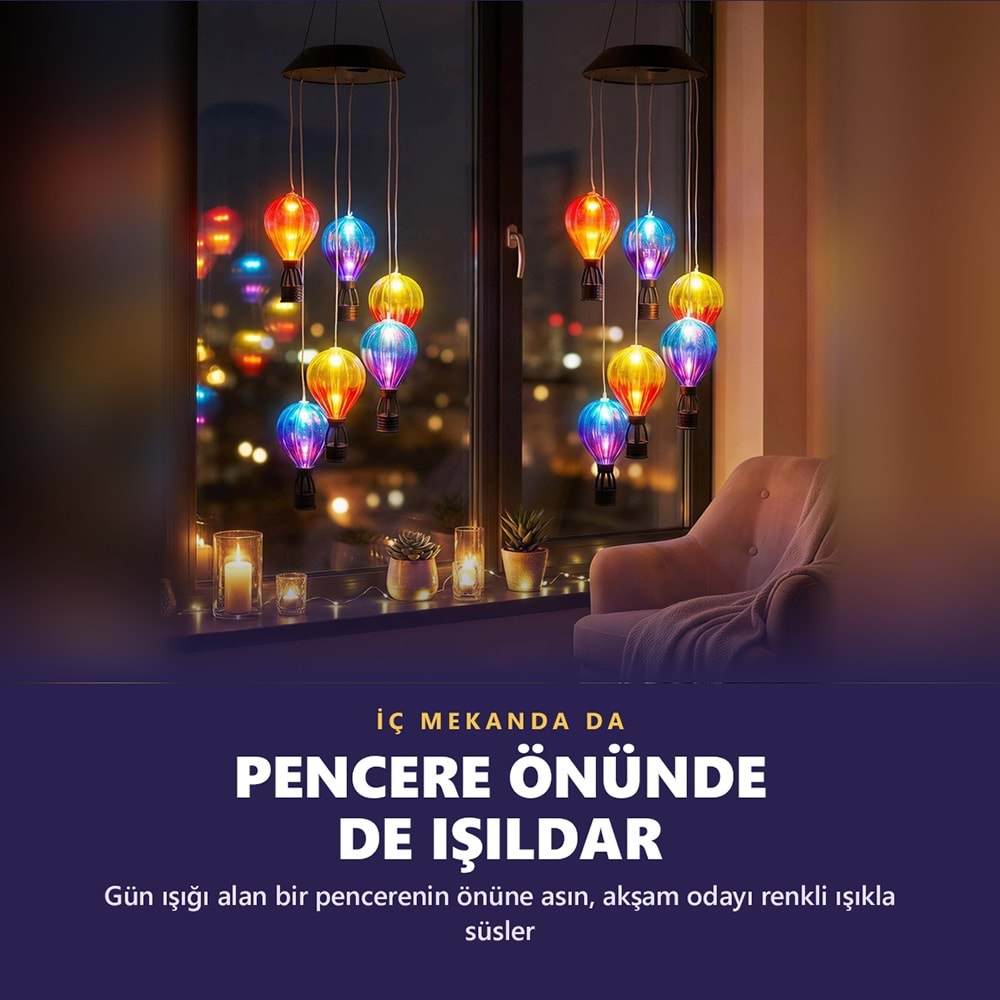 Greentech Güneş Enerjili Sıcak Hava Balonu Rüzgar Çanı, 6 Balonlu, LED Işıklı Asma Bahçe Süsü / GT-SL42