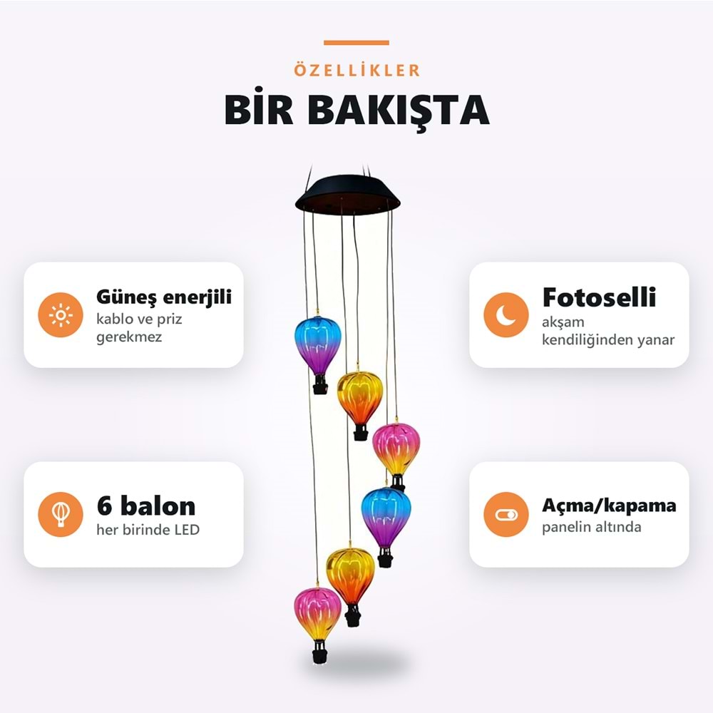 Greentech Güneş Enerjili Sıcak Hava Balonu Rüzgar Çanı, 6 Balonlu, LED Işıklı Asma Bahçe Süsü / GT-SL42