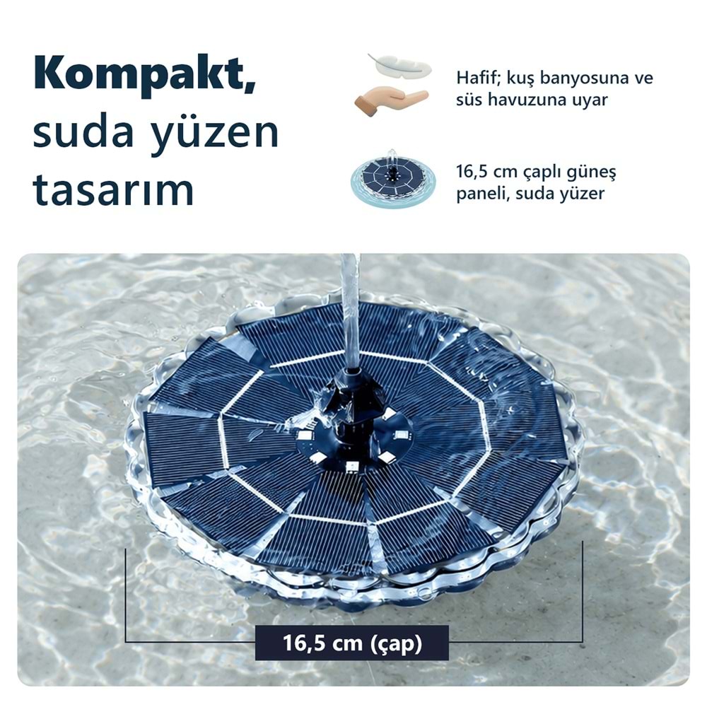 Greentech Güneş Enerjili Yüzen Fıskiye, 32 Renkli LED, 7 Başlıklı Süs Havuzu ve Kuş Banyosu Çeşmesi / GT-SL44