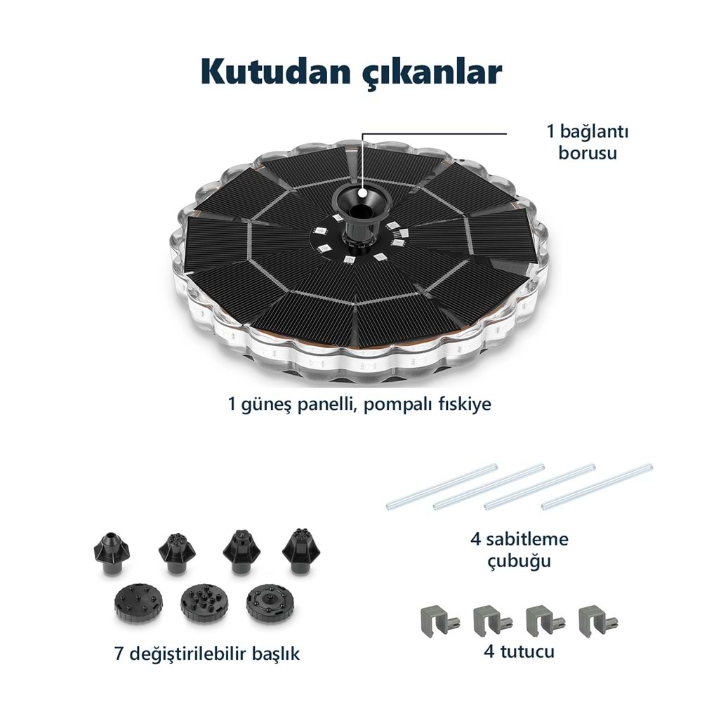 Greentech Güneş Enerjili Yüzen Fıskiye, 32 Renkli LED, 7 Başlıklı Süs Havuzu ve Kuş Banyosu Çeşmesi / GT-SL44