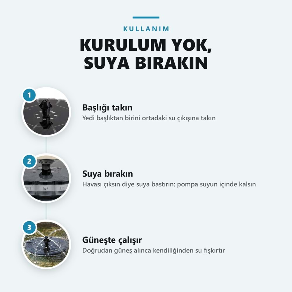 Greentech Güneş Enerjili Yüzen Fıskiye, 32 Renkli LED, 7 Başlıklı Süs Havuzu ve Kuş Banyosu Çeşmesi / GT-SL44