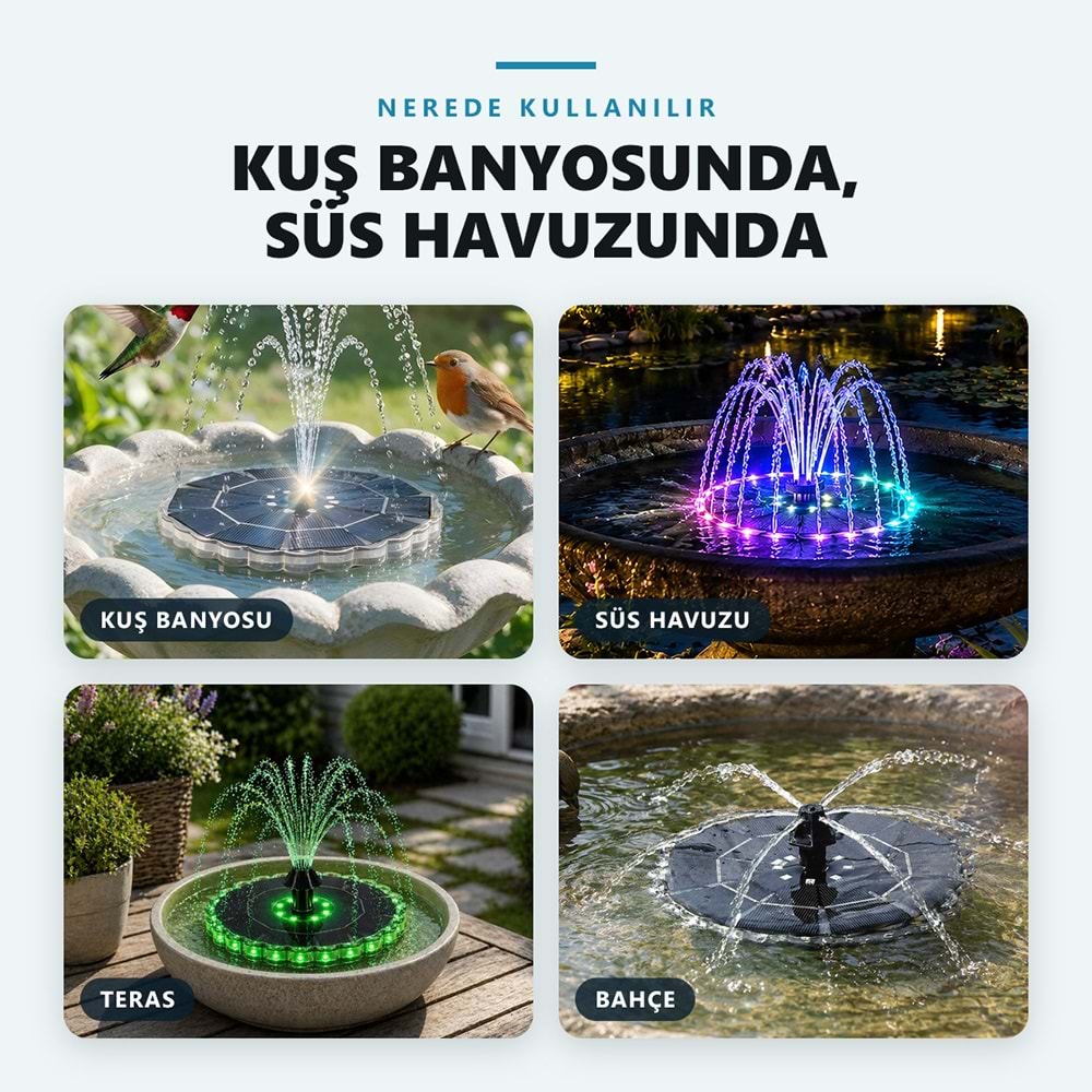 Greentech Güneş Enerjili Yüzen Fıskiye, 32 Renkli LED, 7 Başlıklı Süs Havuzu ve Kuş Banyosu Çeşmesi / GT-SL44