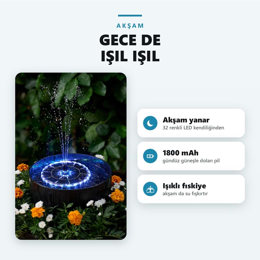 Greentech Güneş Enerjili Yüzen Fıskiye, 32 Renkli LED, 7 Başlıklı Süs Havuzu ve Kuş Banyosu Çeşmesi / GT-SL44