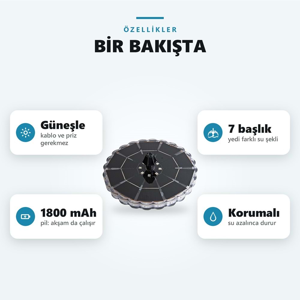 Greentech Güneş Enerjili Yüzen Fıskiye, 32 Renkli LED, 7 Başlıklı Süs Havuzu ve Kuş Banyosu Çeşmesi / GT-SL44
